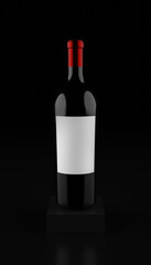 wine bottle with blank label for mockup, 3d render, on pedestal and black background