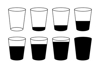 Set of simple vector different glasses. Glass marking. Grammar glass icons. Different glass filling. Empty glass or full glass or glass half filled, half empty glass. Bottling drinks, liquid or water
