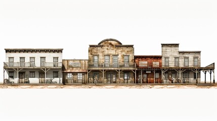 Front View of Rustic Western Town on Isolated White Background. 3D Rendering of Old Antique Town with General Store, Mortician and Americana Vibe