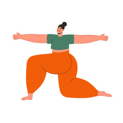 Fototapeta na wymiar Woman doing yoga and fitness exercises vector flat illustration. Sport exercise at home .