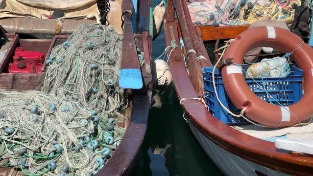 Fishing boats moored in Urla Harbor. Close up shot. Izmir, Turkey