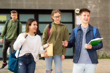 Fototapeta premium Teenage boys and girls socialize in the college yard