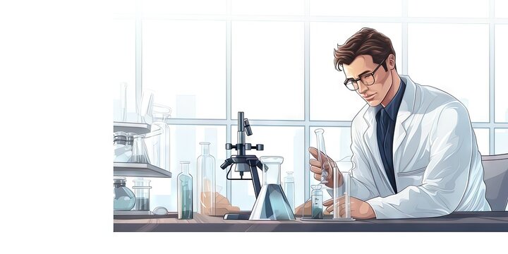 2D professional illustration of a scientist working in the science lab doing science