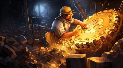Bitcoin mining illustration with miners replacing hashrates with an actual mine - obrazy, fototapety, plakaty