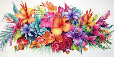 Exotic tropical flowers colorful watercolor with white background