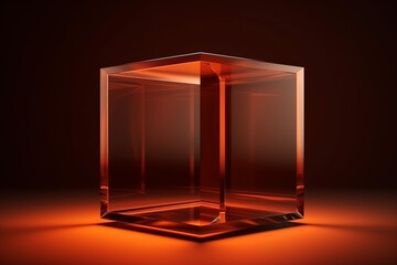 Empty illuminated glass display hollow cube on orange background