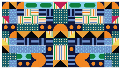 Seamless African pattern with geometric elements in retro memphis style. Tribal vector ornament. Ethnic carpet with chevrons. Aztec style. Ancient interiors. Modern rugs. 