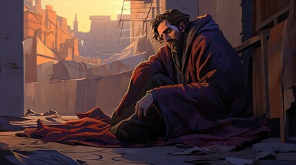 Poverty and homelessness digital illustration, computer-generated to show wealth inequality and the reality of being poor.	
