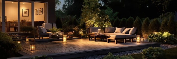 Modern back patio - garden and backyard with seating and place to entertain and cook lit up at night