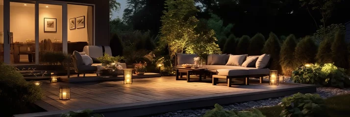 Foto op Canvas Modern back patio - garden and backyard with seating and place to entertain and cook lit up at night © Brian