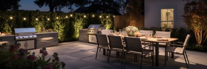 Modern back patio - garden and backyard with seating and place to entertain and cook lit up at night