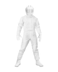 a white formula one uniform on a mannequin isolated on a white background
