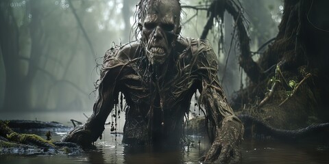 creepy zombie arising from the waters of a dreadful swamp - Powered by Adobe