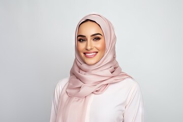 smiling friendly and happy persian woman (female model) posing against a studio background