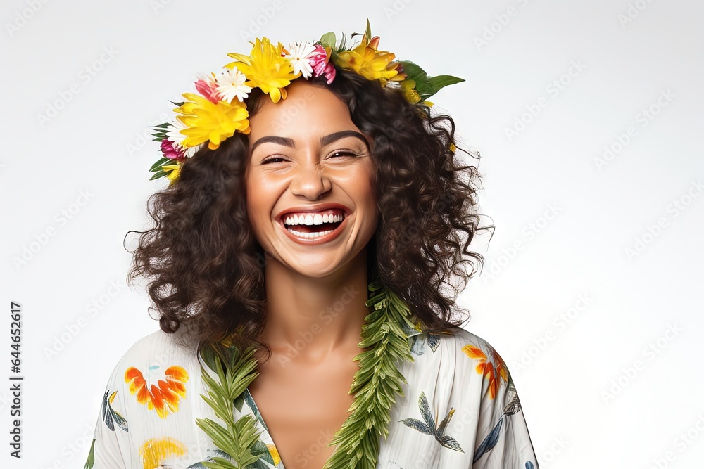 Wall mural smiling friendly and happy hawaiian woman (female model) posing against a studio background