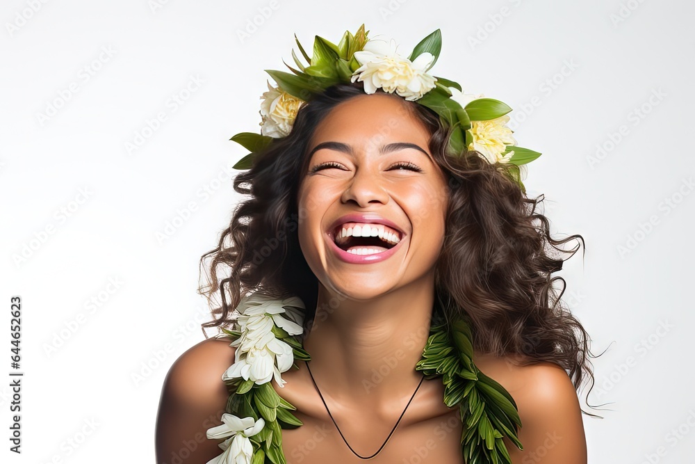 Wall mural smiling friendly and happy hawaiian woman (female model) posing against a studio background - Wall murals