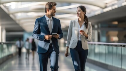 Business person talking outdoors, Business people walking and talk to each other in front of modern office.