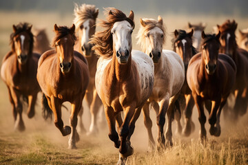 a herd of horses run across the field, steppe. many animals, pets graze. farm or household. strength and speed