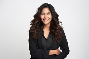 smiling friendly and happy Indian woman (female model) posing against a studio background