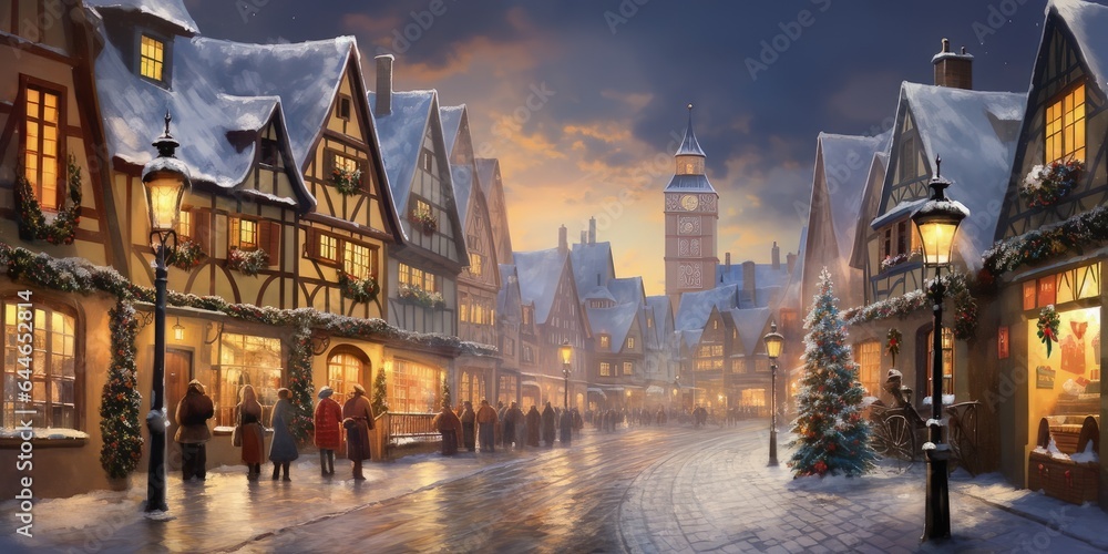 Wall mural snowy winter village with lights on. oil painting style