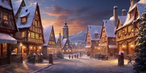 Fototapeta premium Snowy winter village with lights on. Oil painting style