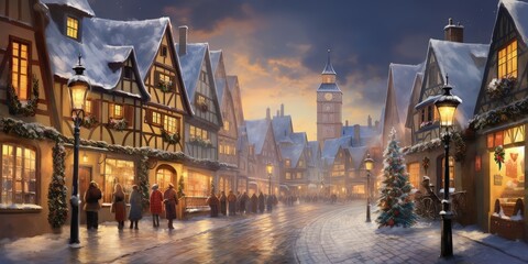 Snowy winter village with lights on. Oil painting style - obrazy, fototapety, plakaty