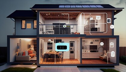 Smart home technology using connected internet of things wireless devices. professional illustration for websites