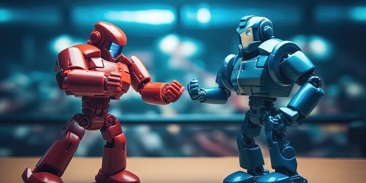 Red robot fighting blue robot in a boxing ring arena with blurred background. Action shot for competing technology companies