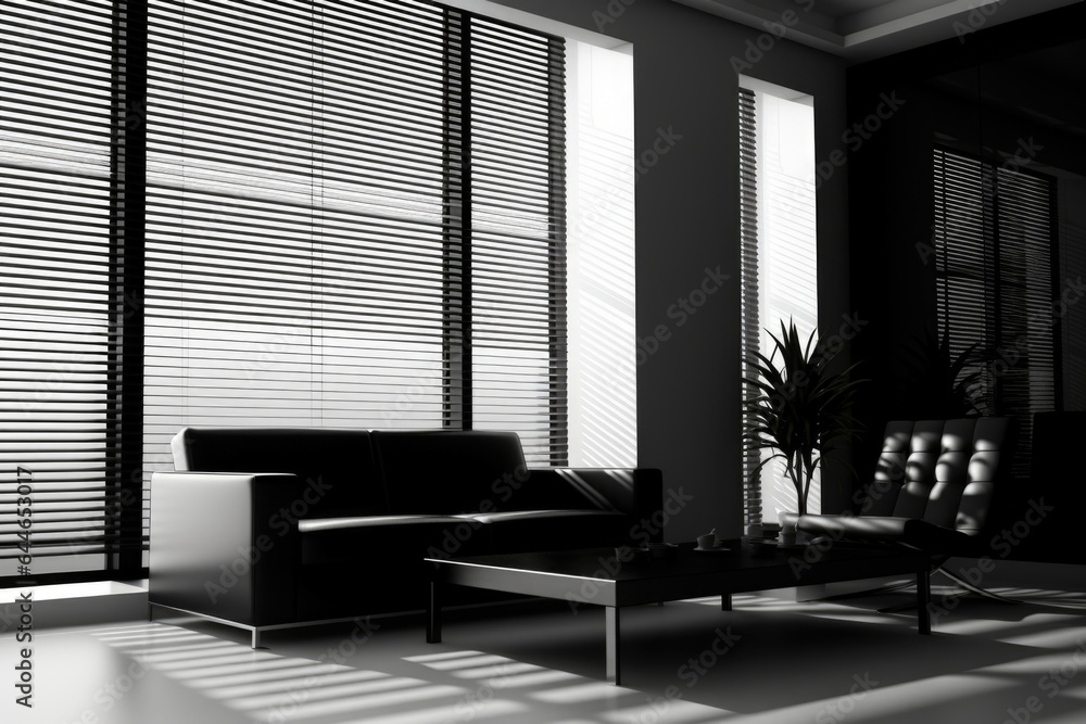 Poster a sleek and modern background in minimalist black and white. natural light from a large window casts