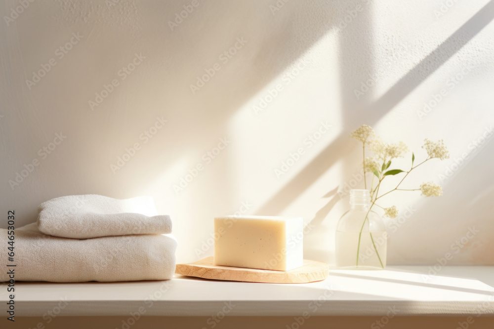 Poster a minimalistic background with a gentle, filtered light and intricate shadow from the window. the so