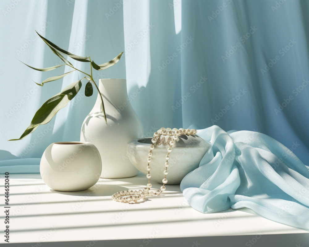 Poster a serene and calming scene showcasing a pale blue background with a gentle, diffused light entering 