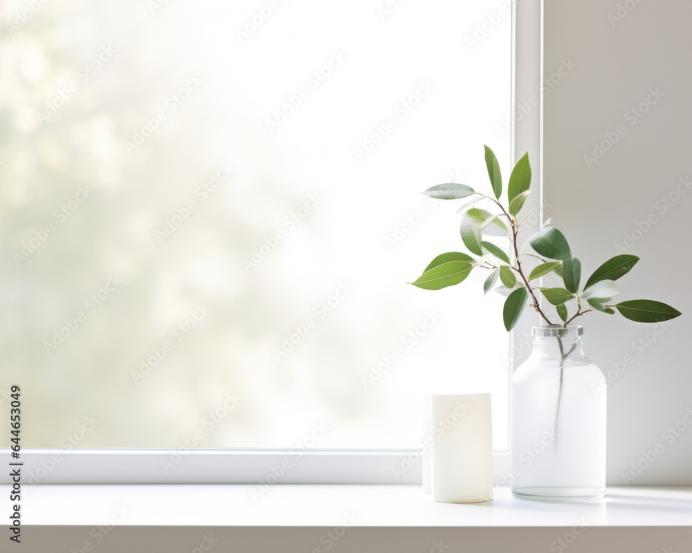 Poster a minimalist and elegant scene with a pristine white background, filled with soft diffused light fro