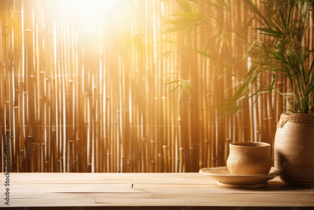 Poster a warm, golden background with sunlight filtering through a bamboo blind, creating intricate pattern