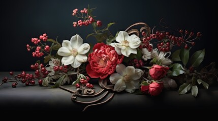 Winter flower arrangement new for 2023 holiday season. studio back drop for copy space
