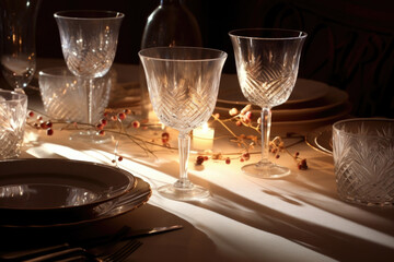 A beautifully set dining table bathed in soft candlelight, with intricate shadows cast by fine china and crystal glasses. The ambient lighting and shadows create an elegant atmosphere
