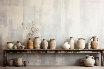 Fototapeta na wymiar Against a backdrop of a weathered, gray wooden wall, a rustic gentle light background showcases a charming display of ceramic pottery. Bathed in a soft, diffused light, the pieces emit