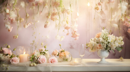 An enchanting garden tea party, with delicate fairy lights ling overhead, illuminating a table covered in lush floral arrangements. The soft glow creates a magical atmosphere for showcasing