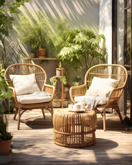 A Scandinavian patio with a variety of potted plants is filled with golden rays of afternoon sunlight. The light creates intricate patterns and shadows on a rattan chair and a colorful