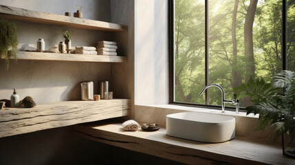 Fototapeta na wymiar A Scandinavian bathroom with large windows showcases a view of lush greenery outside. The morning light creates interesting shadows on a stone sink and textured wooden shelves, adding