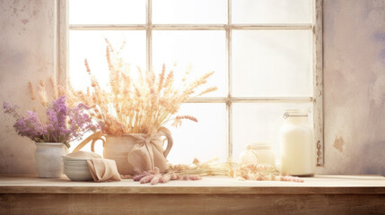 In this scene, a bohoinspired gentle light background features a rustic farmhousestyle table adorned with a collection of dried flowers in soft, muted colors. The natural light streaming