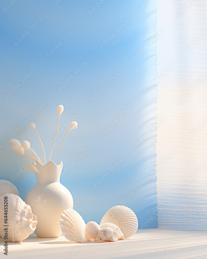 Poster a dreamy seaside background depicts a room filled with soft blue light streaming in from the window,
