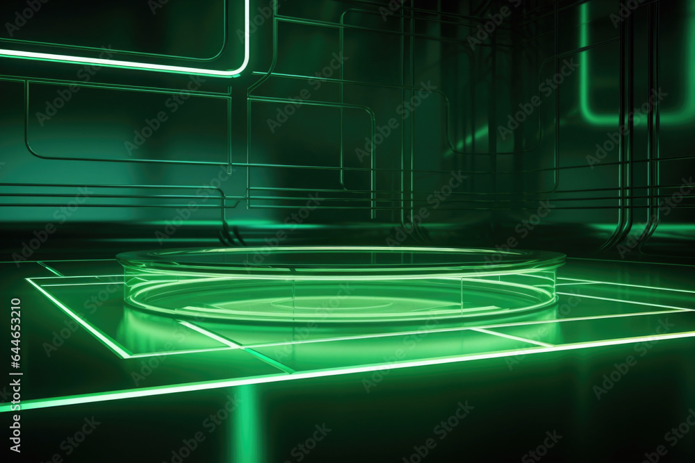 Poster in this gentle light background, a soft green light grazes the surface of a metallic table through a