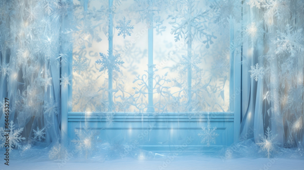 Poster a cool, icy blue background with a soft, filtered light casting an elegant and intricate shadow from