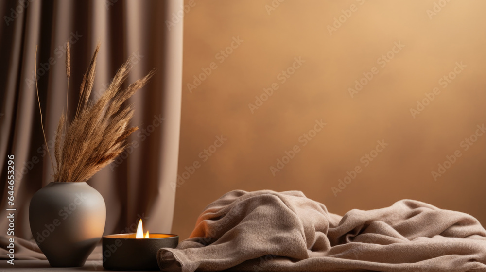 Poster a cozy and inviting scene with a minimalist background in warm taupe, enveloped by the soft light of