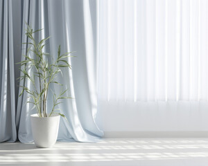 A unique and eyecatching contrast is presented through a combination of a sleek silver bamboo gentle light background and a window with light blue curtains. The soft shadows contribute