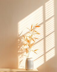 In an autumnal setting, a warmtoned bamboo gentle light background captures the coziness of the season. The soft, golden light filtering through the window creates captivating shadows,