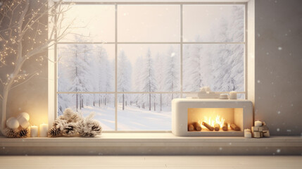 A cozy fireplace backdrop exhibits a window overlooking a snowy landscape, with warm light emanating from the fire. The intricate and dancing shadows on the walls create a cozy and inviting