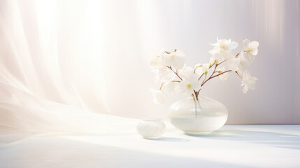 An ethereal and dreamy water gentle light background for product presentation, capturing the tranquility of a misty spring morning. The diffused light seeping through a white curtain creates