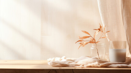 A cozy and rustic water gentle light background for a product presentation, epitomizing the warmth of an autumn afternoon. The soft light filtering through a linen curtain casts delicate