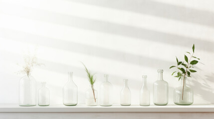 Fototapeta na wymiar A fresh and airy setting showcasing transparent glass bottles of various sizes against a crisp, white background. The delicate light seeping in through the window casts soft, subtle shadows